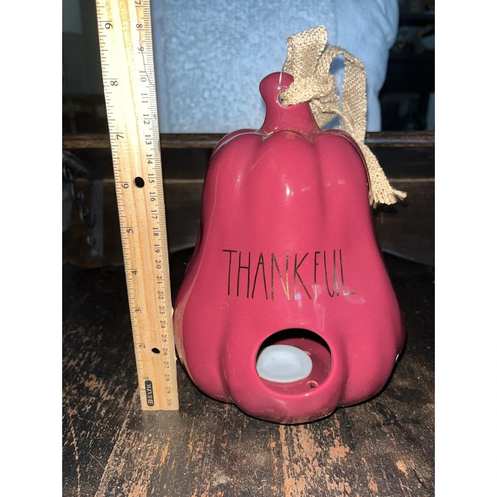 Rae Dunn Thankful Ceramic Pumpkin Tea Light Holder Burgundy Gold Fall Decor
